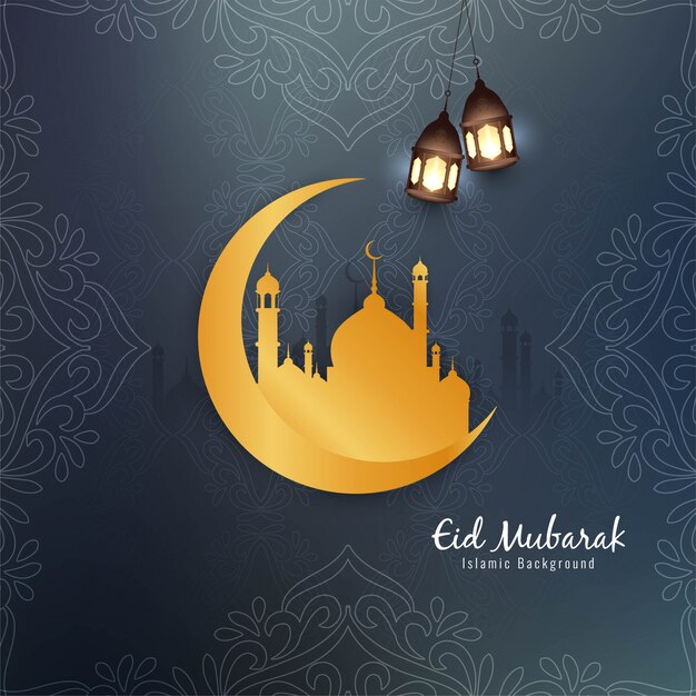 Hermoso diseño islámico de Eid Mubarak con luna dorada.