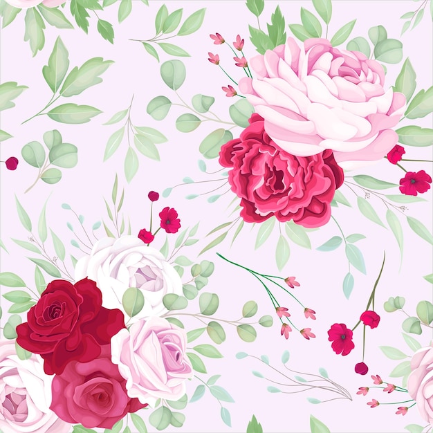 Vector gratuito hermoso diseño de patrones sin fisuras con marco floral rojo y rosa