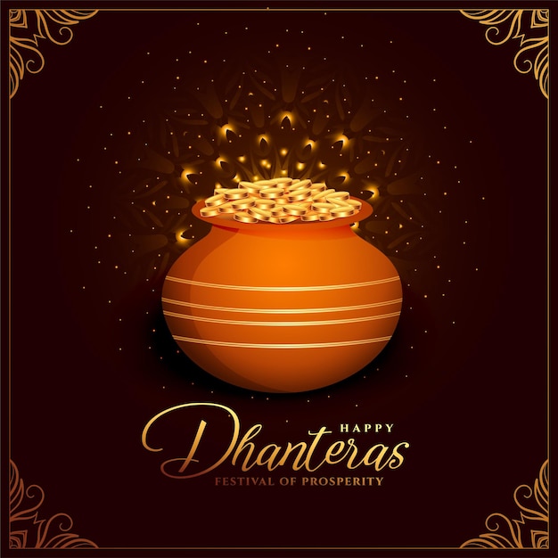 Vector gratuito hermoso y elegante fondo de evento cultural shubh dhanteras con vector de olla de moneda dorada