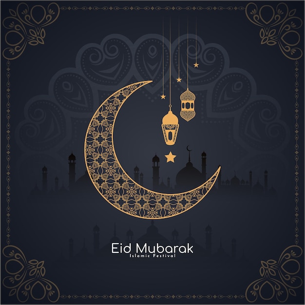 Vector gratuito hermoso festival eid mubarak saludo tarjeta islámica diseño de luna creciente
