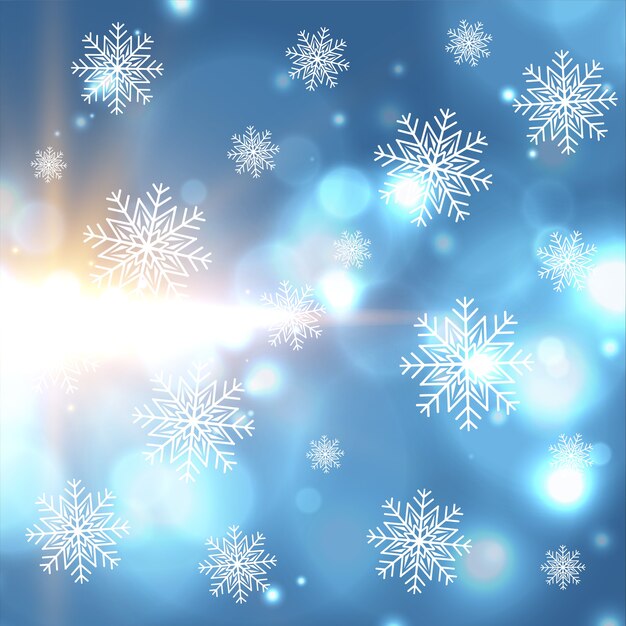 Hermoso fondo de luces bokeh y copos de nieve de invierno de Navidad