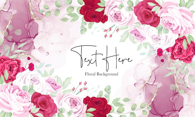 Hermoso fondo de marco floral rojo y rosa con elegante tinta de alcohol Vector Premium 