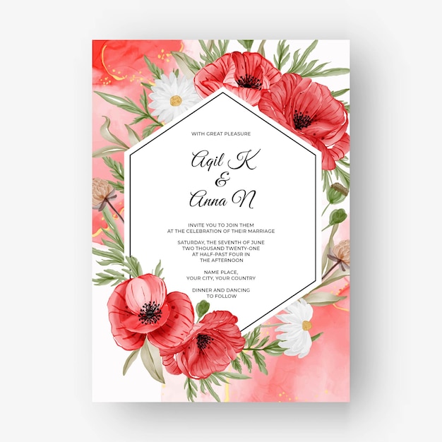 Hermoso fondo de marco rosa para invitación de boda con flor de amapola roja