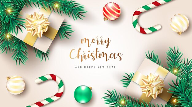 Hermoso fondo navideño con adornos realistas en 3d