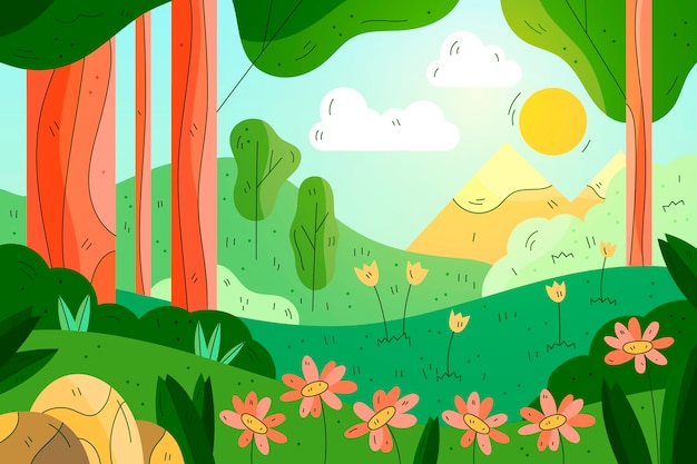 Hermoso fondo de pantalla de paisaje de primavera dibujado