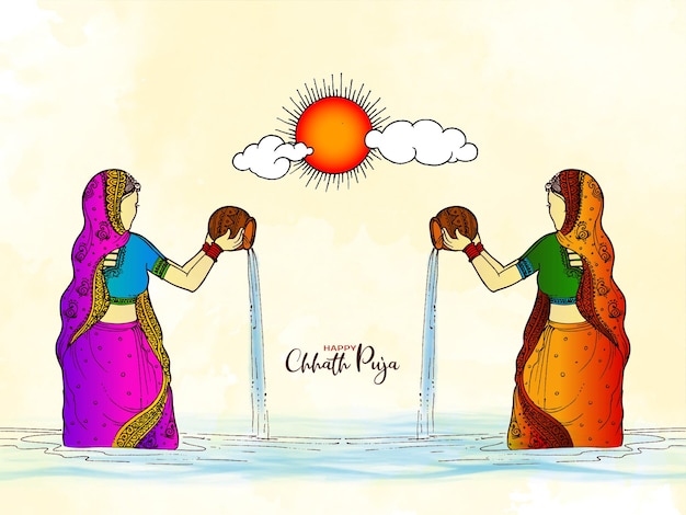 Vector gratuito hermoso fondo de saludo del festival indio tradicional happy chhath puja
