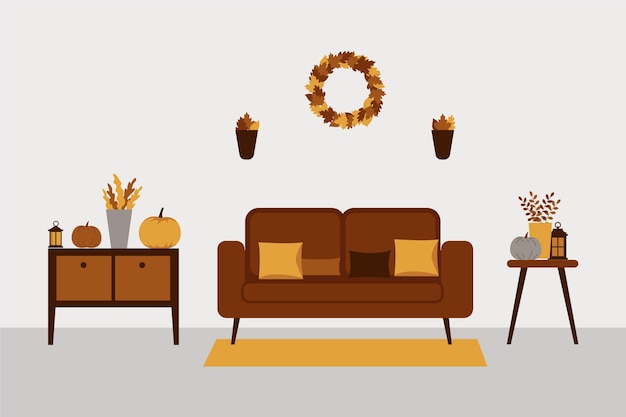 Vector gratuito hermoso interior de casa inspirado en el otoño