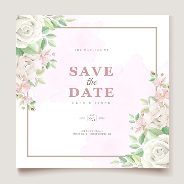 Vector gratuito hermoso juego de tarjetas de invitación de boda con flores y hojas suaves