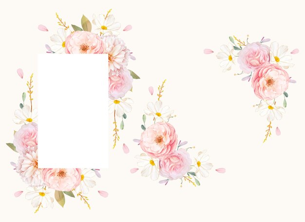 Hermoso marco floral con acuarelas rosas y dalia