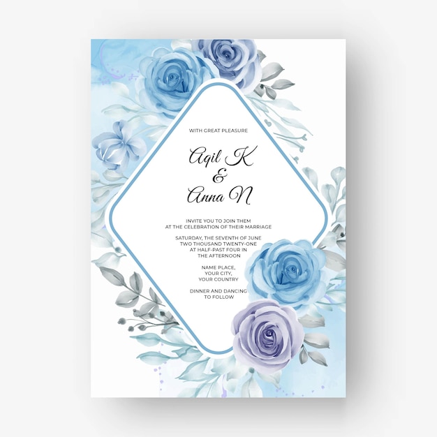 Hermoso marco floral para boda con flor acuarela azul