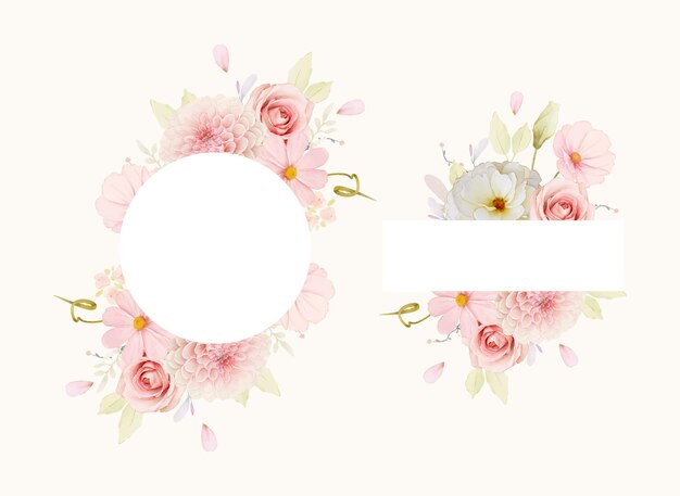 Hermoso marco floral con rosas acuarelas y dalia rosa