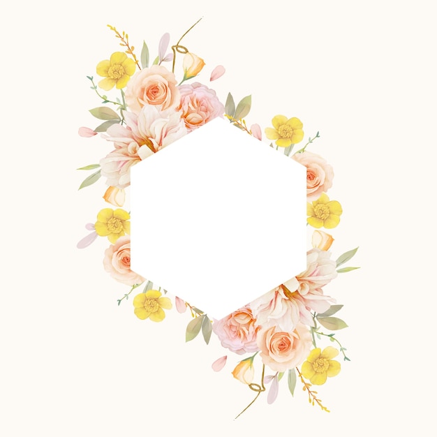 Vector gratuito hermoso marco floral con rosas acuarelas y dalia