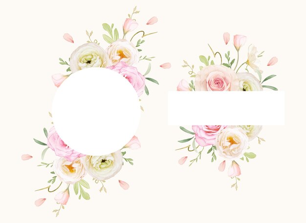 Hermoso marco floral con rosas acuarelas y ranúnculos