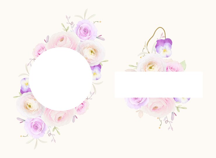 Vector gratuito hermoso marco floral con rosas acuarelas ranunculus y flor de pensamiento