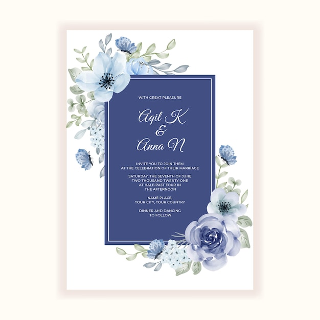 Hermoso marco de flores azules para invitación de boda