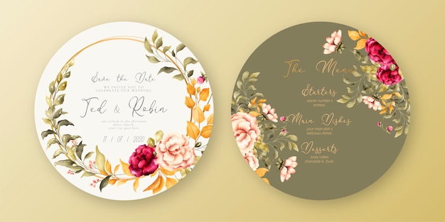 Hermoso menú de boda y plantilla de invitación