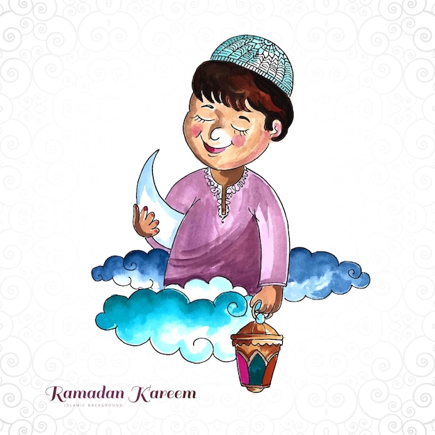Hermoso niño musulmán con linterna diseño de tarjeta ramadan kareem