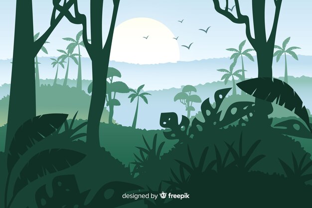 Hermoso paisaje de bosque tropical y pájaros
