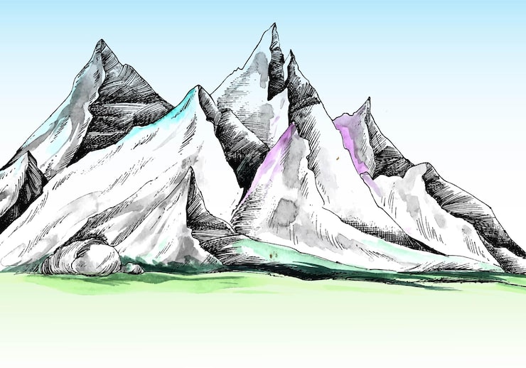 Vector gratuito hermoso paisaje de dibujo a mano con fondo colorido de bosquejo de montaña