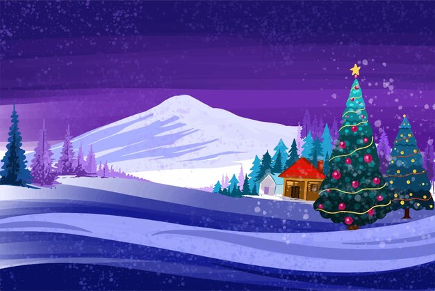 Hermoso paisaje invernal con casa en el fondo de la tarjeta de navidad nevada