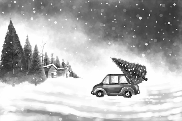 Hermoso paisaje invernal con coche en un árbol de navidad cubierto de nieve fondo gris