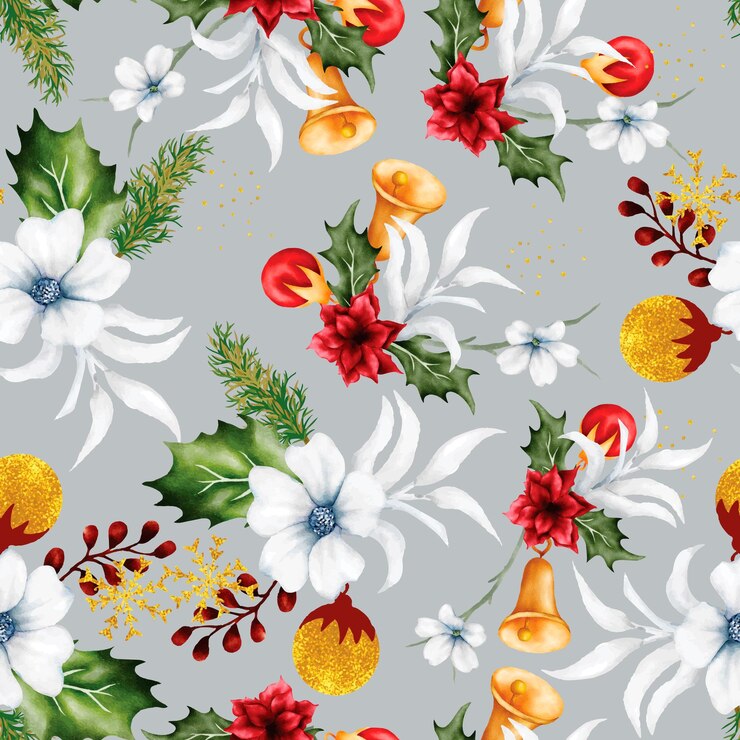 Vector gratuito hermoso patrón transparente floral y adorno navideño