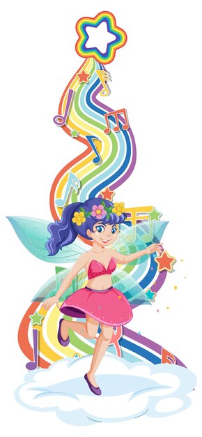 Hermoso personaje de dibujos animados de hadas con onda de arco iris