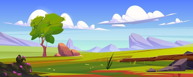 Vector gratuito hermoso prado verde en dibujos animados de valle de montaña