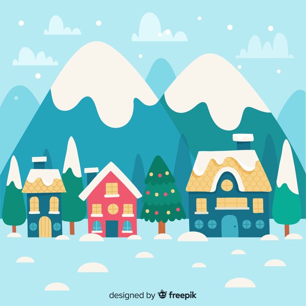 Hermoso pueblo de navidad dibujado a mano