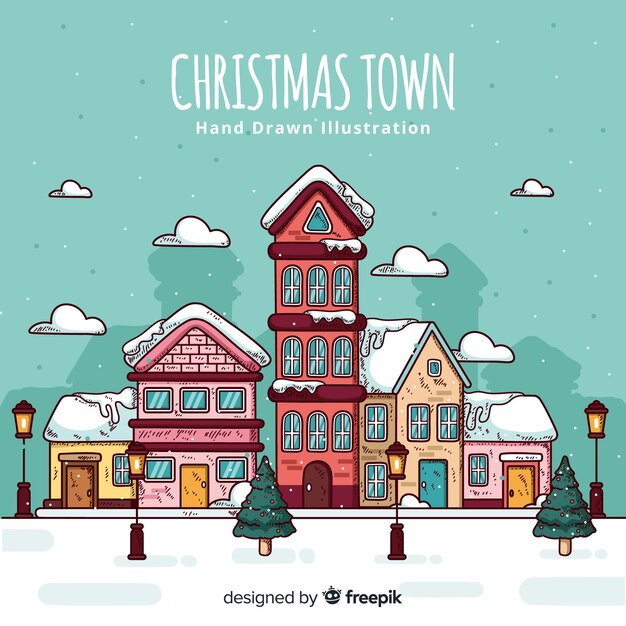 Hermoso pueblo de navidad dibujado a mano