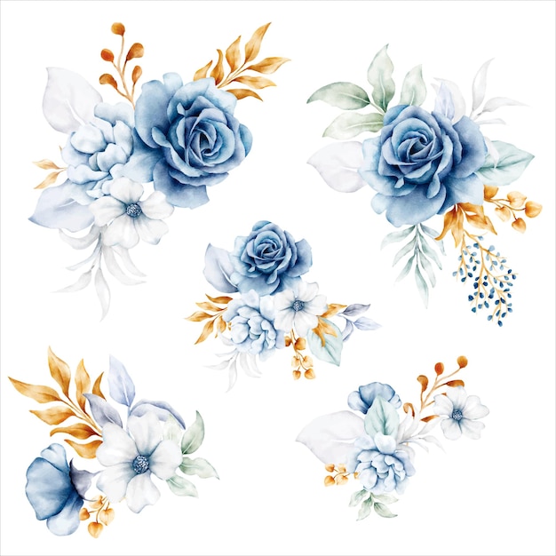 Vector gratuito hermoso ramo floral blanco azul y dorado
