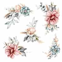 Vector gratuito hermoso ramo floral con flores y hojas de acuarela vintage