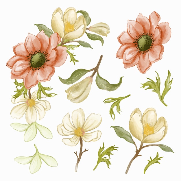 Vector gratuito hermoso ramo de flores y licencia para decoración en estilo de colores de agua