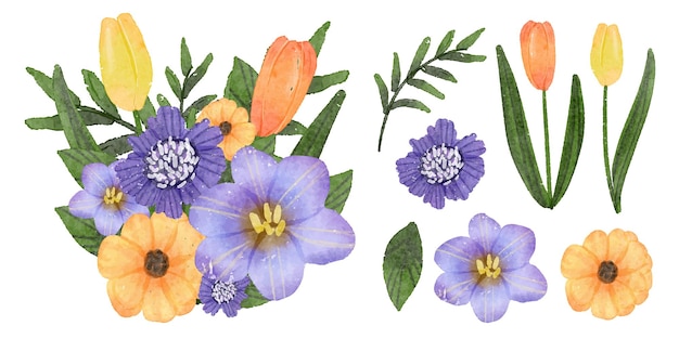 Vector gratuito hermoso ramo de flores y licencia para decoración en estilo de colores de agua