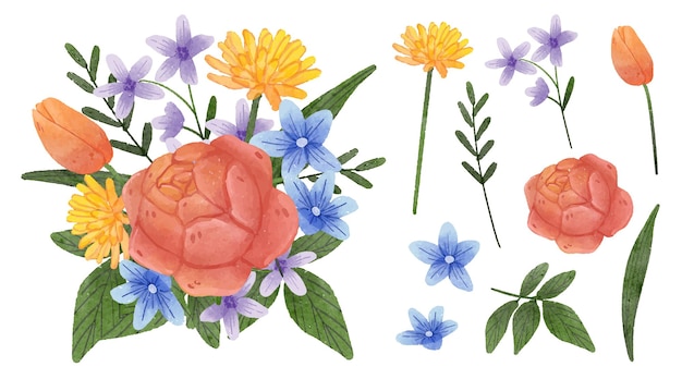 Vector gratuito hermoso ramo de flores y licencia para decoración en estilo de colores de agua