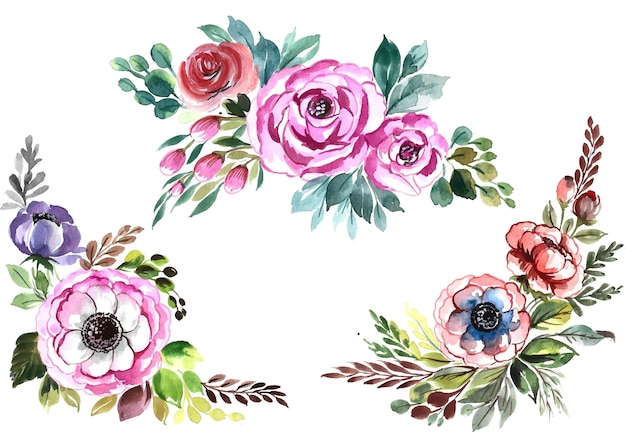 Vector gratuito hermoso ramo de flores set diseño acuarela