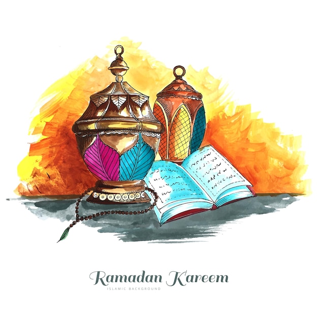 Hermoso saludo decorativo islámico del festival ramadan kareem con fondo de tarjeta de lámparas