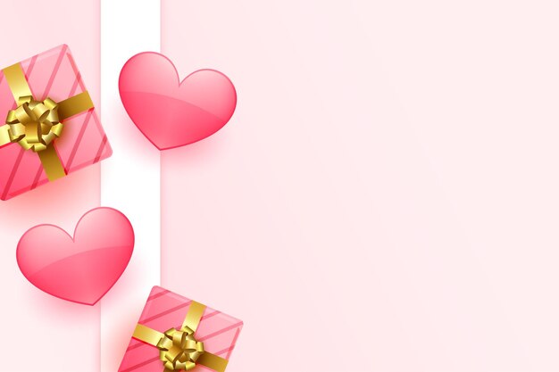 Hermoso saludo del día de san valentín con corazones y cajas de regalos.