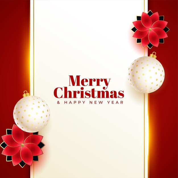 Hermoso saludo de feliz navidad con flores y bolas de navidad