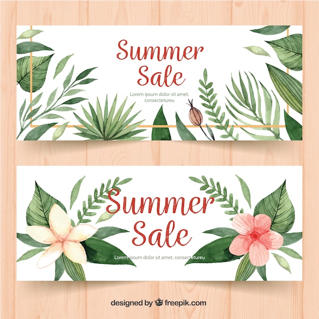 Vector gratuito hermosos banners florales de rebajas de verano de acuarela