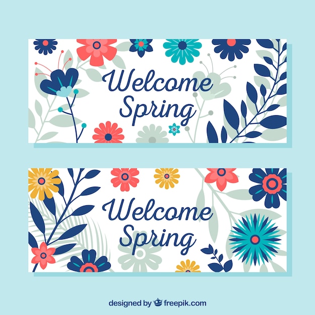 Vector gratuito hermosos banners de primavera con flores azules