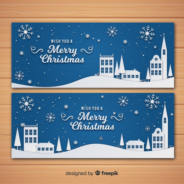 Hermosos banners de pueblo de navidad en estilo de papel