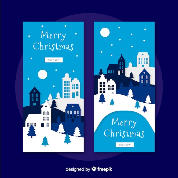 Vector gratuito hermosos banners de pueblo de navidad en estilo de papel