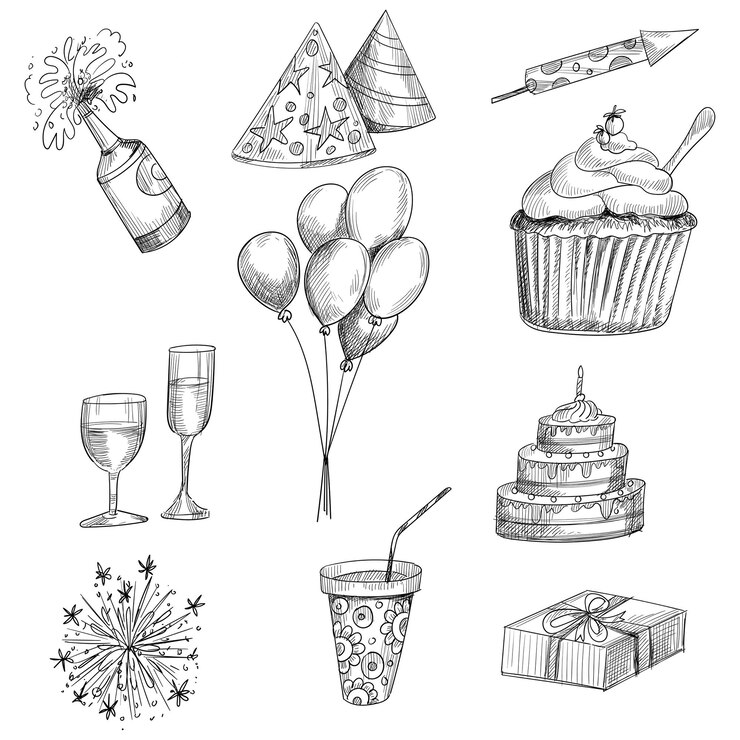 Vector gratuito hermosos bocetos sobre el tema del diseño de la fiesta de cumpleaños.