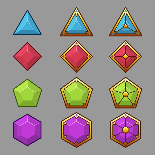 Hermosos botones de colores con borde claro. Activos vectoriales para el juego. Elementos decorativos de la GUI, aislados