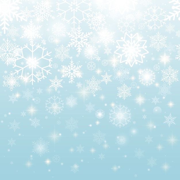 Hermosos copos de nieve blancos en diseño gráfico de patrones sin fisuras sobre fondo azul cielo.