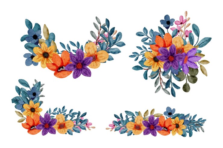 Hermosos ramos de flores y hojas para la decoración en estilo de colores acuáticos