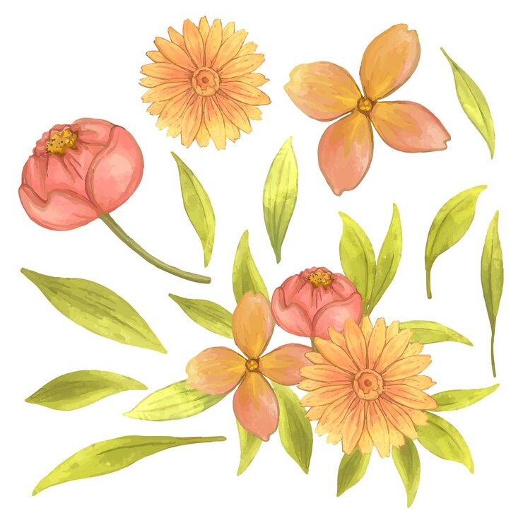 Hermosos ramos de flores y hojas para la decoración en estilo de colores acuáticos