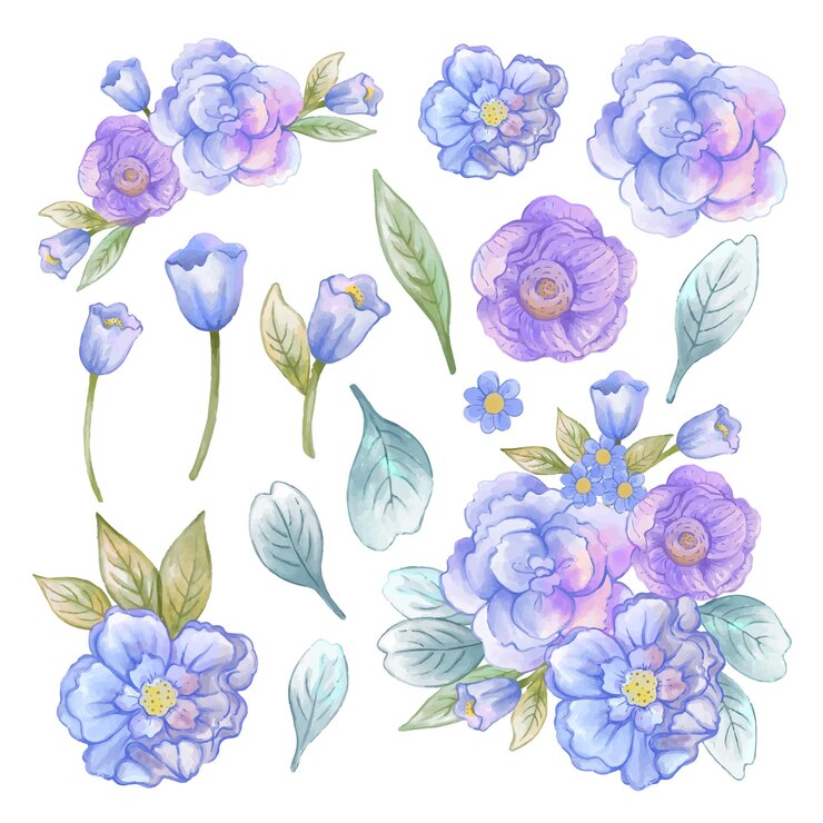 Hermosos ramos de flores y hojas para la decoración en estilo de colores acuáticos