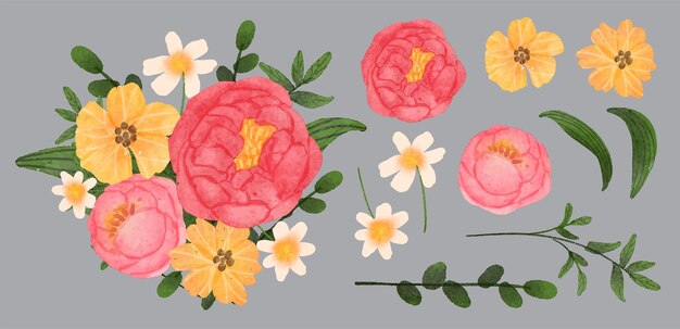 Hermosos ramos de flores y hojas para la decoración en estilo de colores acuáticos